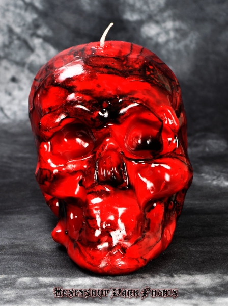 Hexenshop Dark Phönix Totenkopfkerze Rot und Schwarz Groß
